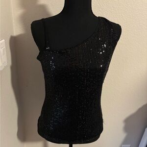 Grace Karin Black Sequin One-Shoulder Tank Top